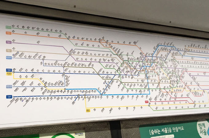 ソウル市近郊まで伸びている地下鉄全体の路線図はこちら