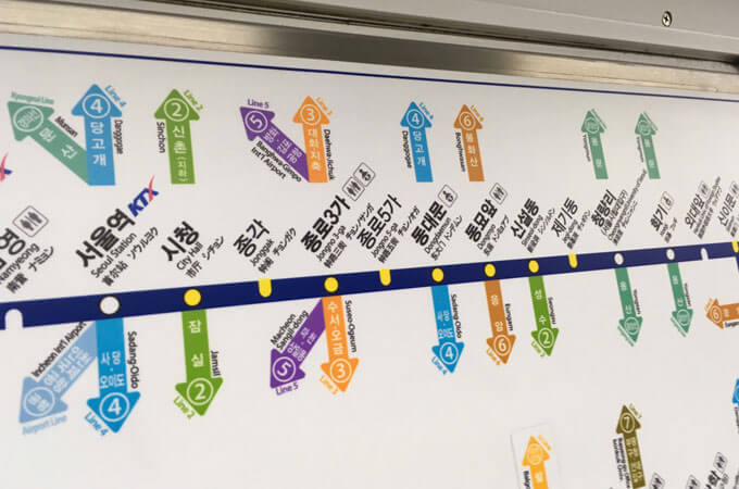 地下鉄1号線に乗っている時の路線図ですね。 ソウル駅から私がよくいく鍾閣、ショッピングが楽しめる東大門などにいける路線ですね。